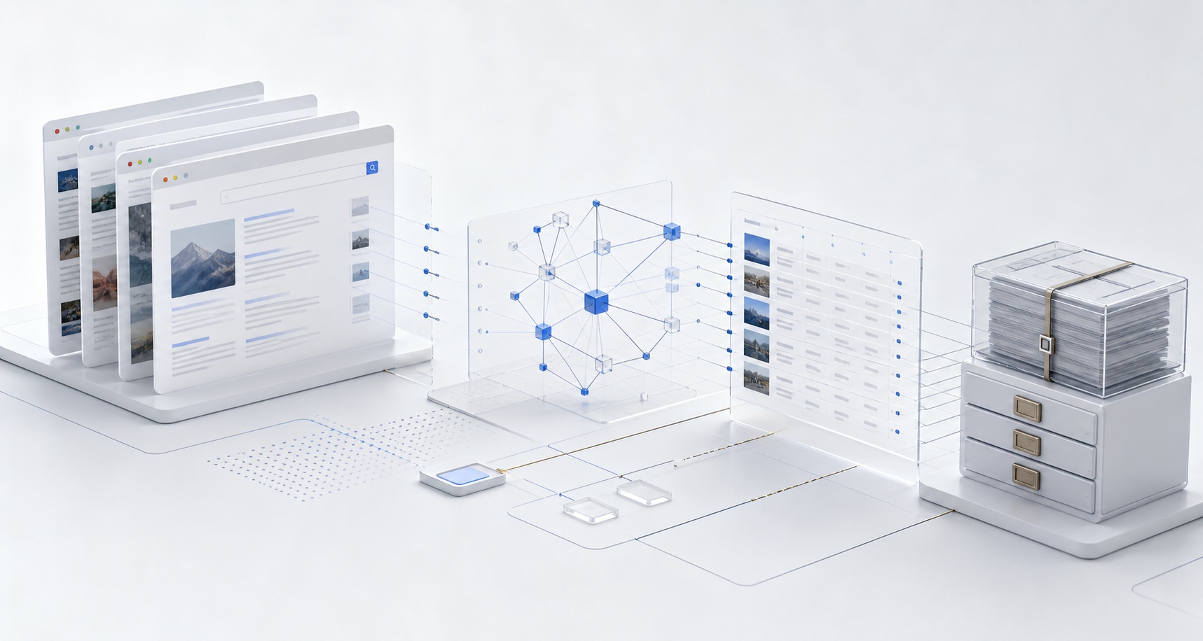 A data workflow turning Google Search pages into structured results and source files