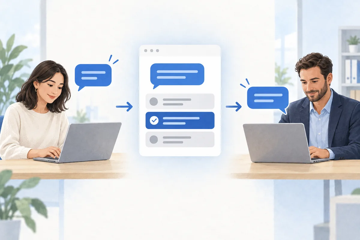 A customer sends an inquiry, JEV provides an intent classification, and the application routes the message to a team member