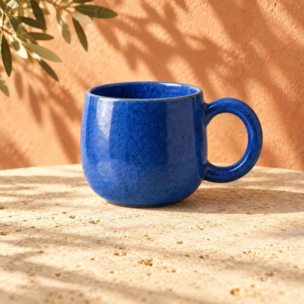The same cup on a warm stone surface with leafy shadows